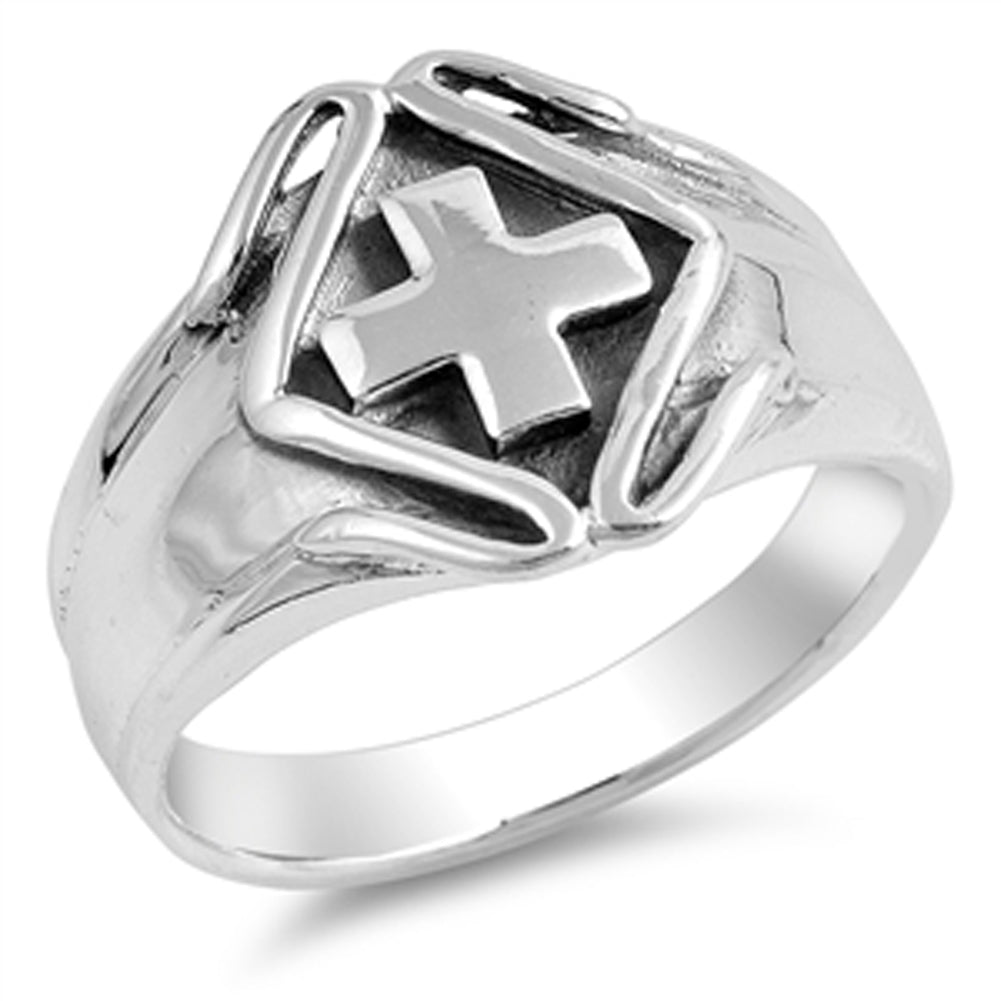 Greek Cross Oxidized Safety Wholesale Ring .925 Sterling Silver Band Sizes 6-15