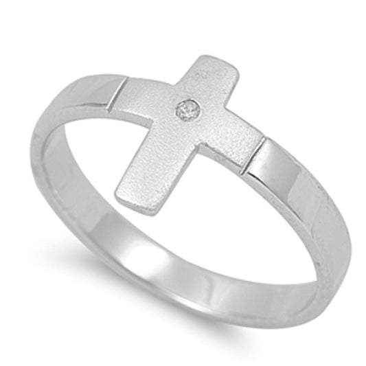 Clear CZ Sideways Cross Satin Finish Ring .925 Sterling Silver Band Sizes 4-9