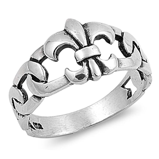 Oxidized Fleur De Lis Chain Link Ring New .925 Sterling Silver Band Sizes 4-10