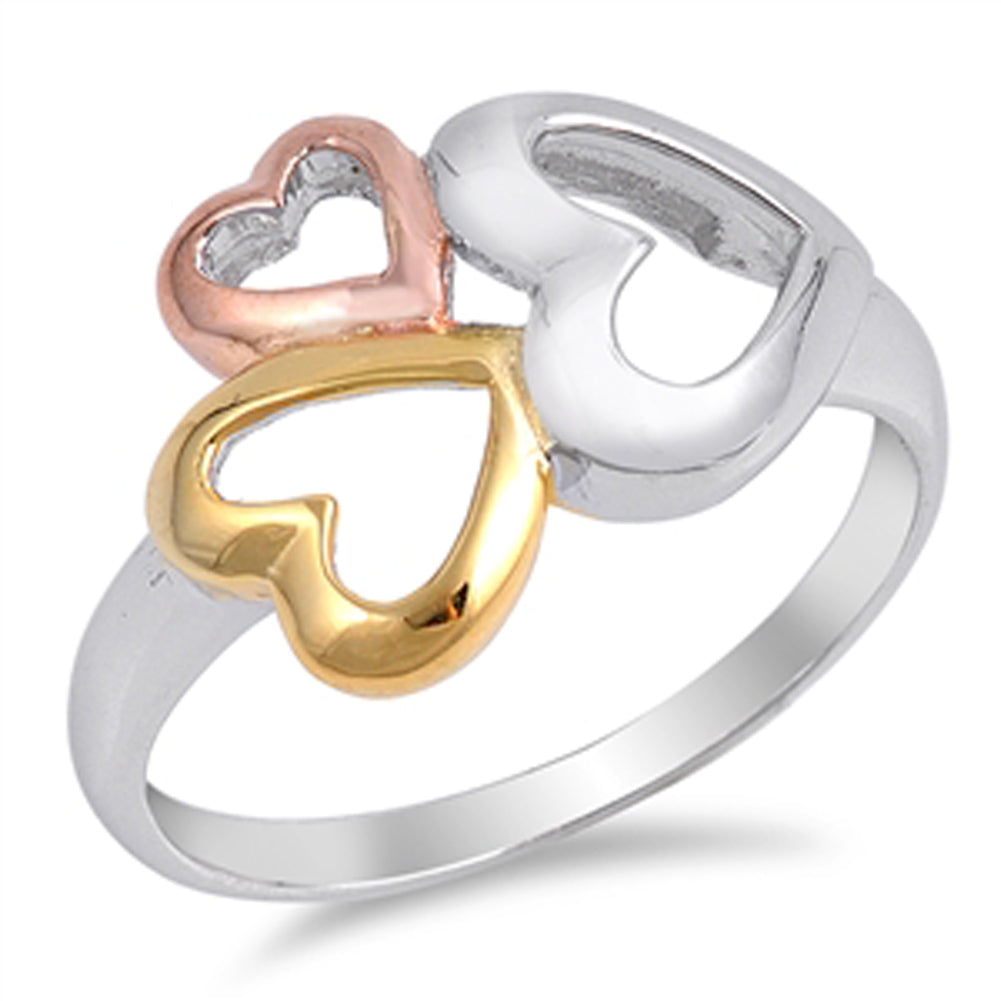 Rose Gold-Tone Triple Heart Purity Ring New .925 Sterling Silver Band Sizes 5-10