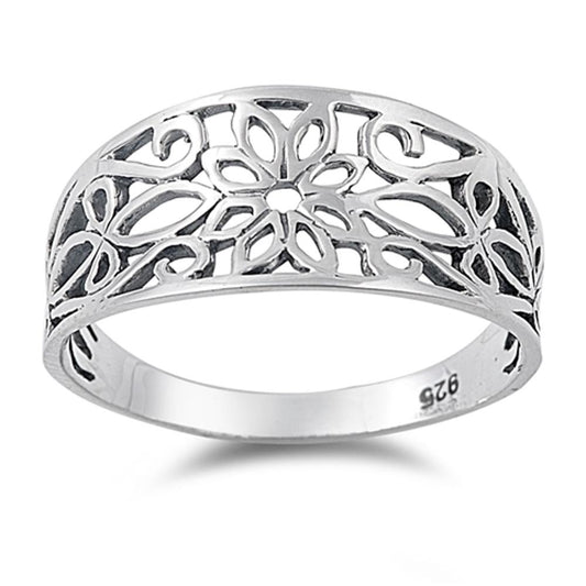 Oxidized Filigree Hawaiian Plumeria Flower Ring Sterling Silver Band Sizes 4-13