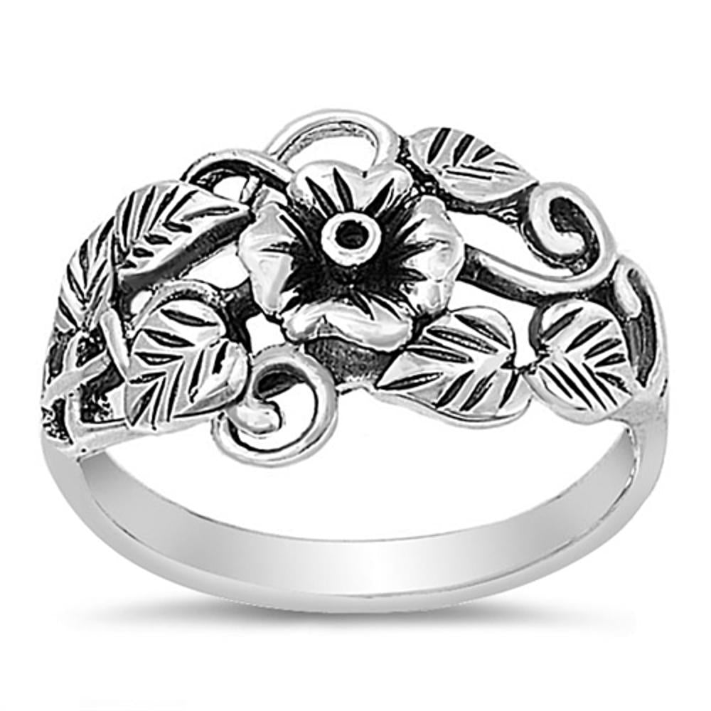 Flowers & Leaves Ring 925 Sterling Silver Antiqued Filigree Leaf Band Sizes 5-10