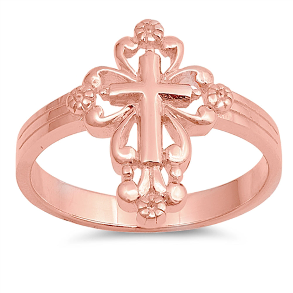 Rose Gold-Tone Victorian Style Cross Ring .925 Sterling Silver Band Sizes 5-10