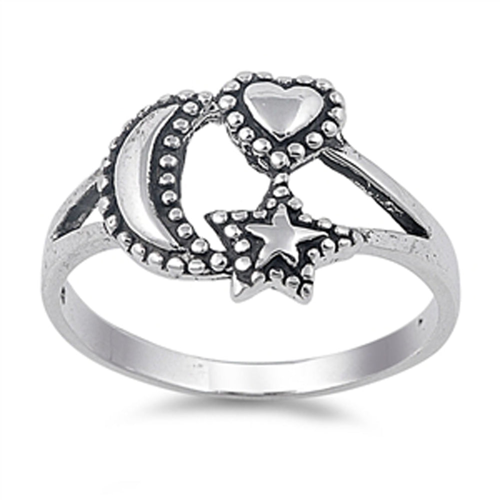 Oxidized Beaded Heart Moon Star Good Luck Ring Sterling Silver Band Sizes 4-12