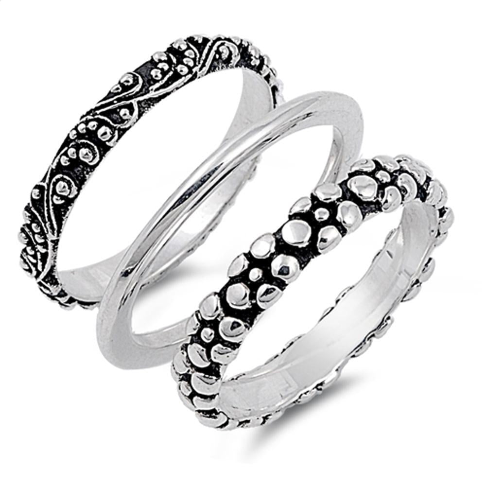 Sterling Silver Woman's Bali Plain Nugget 3 Ring Set Beautiful Band Sizes 3-14