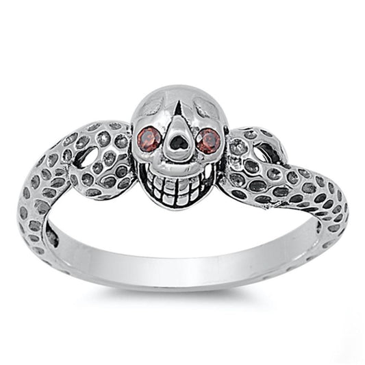 Biker Skull Garnet CZ Polished Ring New .925 Sterling Silver Band Sizes 4-12