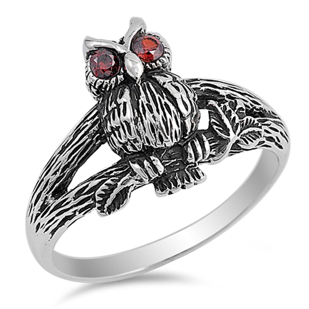 Oxidized Owl Garnet CZ Eyes Branch Ring New .925 Sterling Silver Band Sizes 5-11