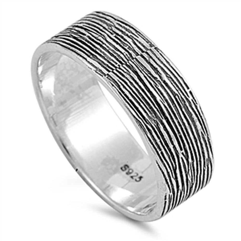 Men's Wood Grain Look Ring New .925 Sterling Silver Band Sizes 5-10