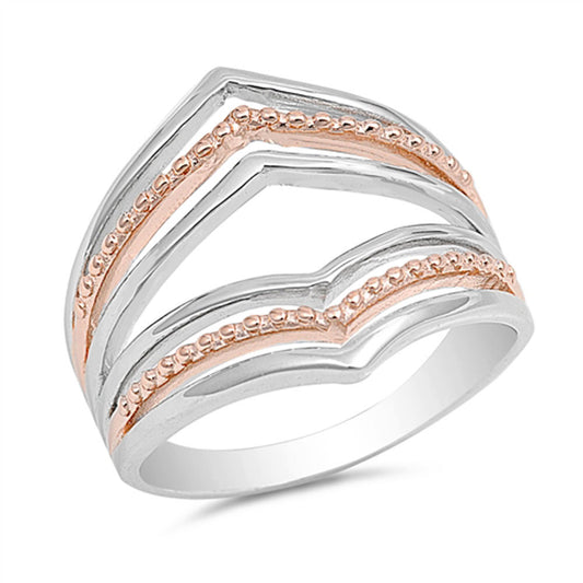 Rose Gold-Tone Chevron Open Bar Ring New .925 Sterling Silver Band Sizes 5-10