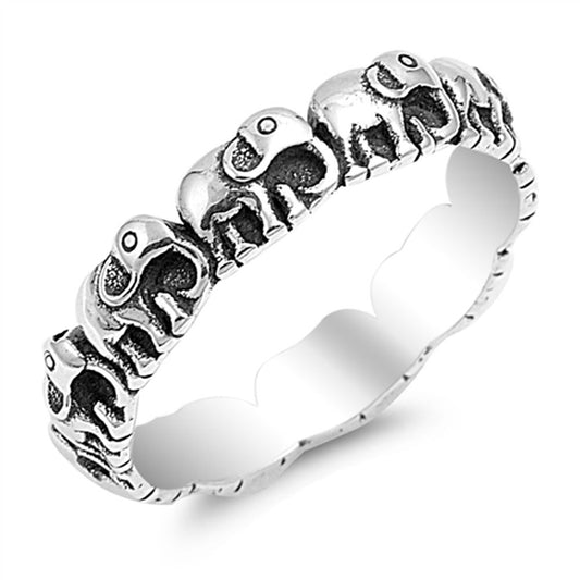 Eternity Oxidized Elephant Plain Ring New .925 Sterling Silver Band Sizes 4-10