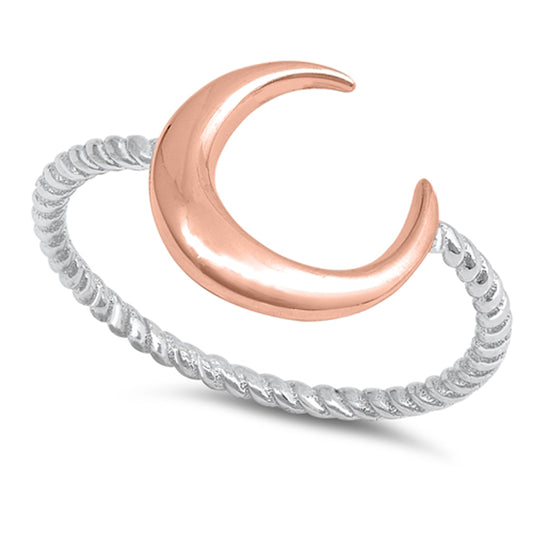 Rose Gold-Tone Crescent Moon Ring 925 Sterling Silver Rope Twist Band Sizes 4-10