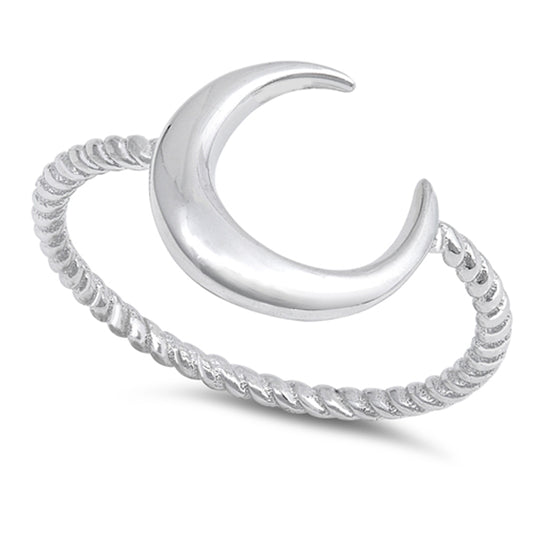 High Polish Crescent Moon Ring .925 Sterling Silver Rope Twist Band Sizes 4-12