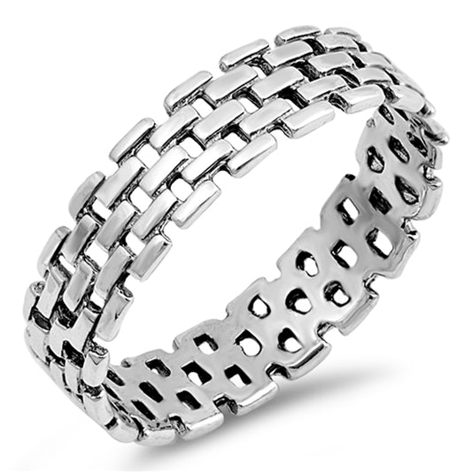 Chain Link Tire Tread Wide Wedding Ring New .925 Sterling Silver Band Sizes 5-13