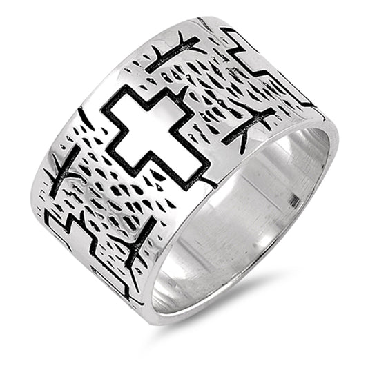 Etched Cross Rain Branch Wide Wedding Ring .925 Sterling Silver Band Sizes 7-13