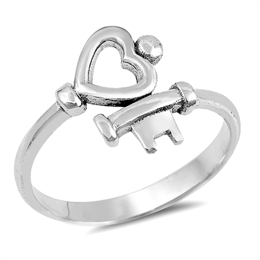 Heart Key Love Promise Ring New .925 Sterling Silver High Polish Band Sizes 4-10