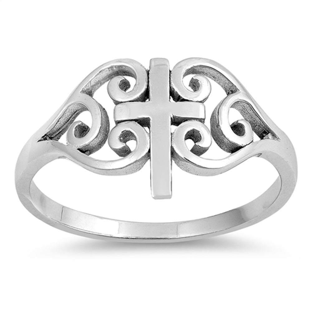 Oxidized Filigree Swirl Cross Heart Ring .925 Sterling Silver Band Sizes 4-10