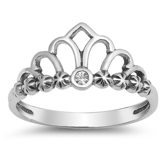 Princess Crown Tiara Clear CZ Oxidized Ring .925 Sterling Silver Band Sizes 4-10