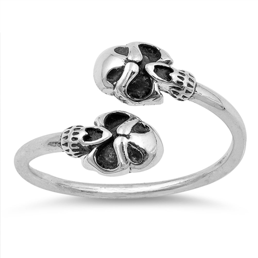 Oxidized Biker Skull Open Adjustable Ring .925 Sterling Silver Band Sizes 4-10