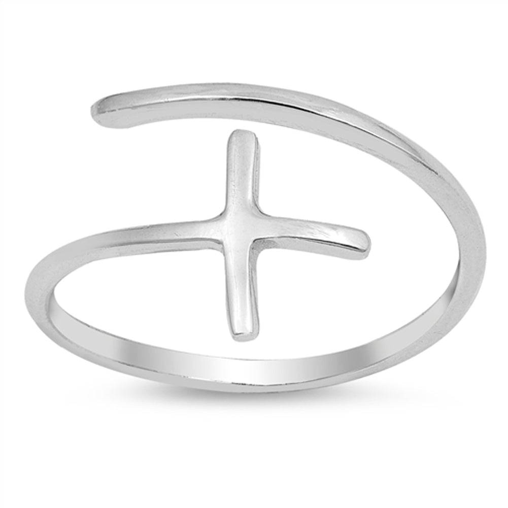 Open Sideways Cross Adjustable Christian Ring Sterling Silver Band Sizes 3-10