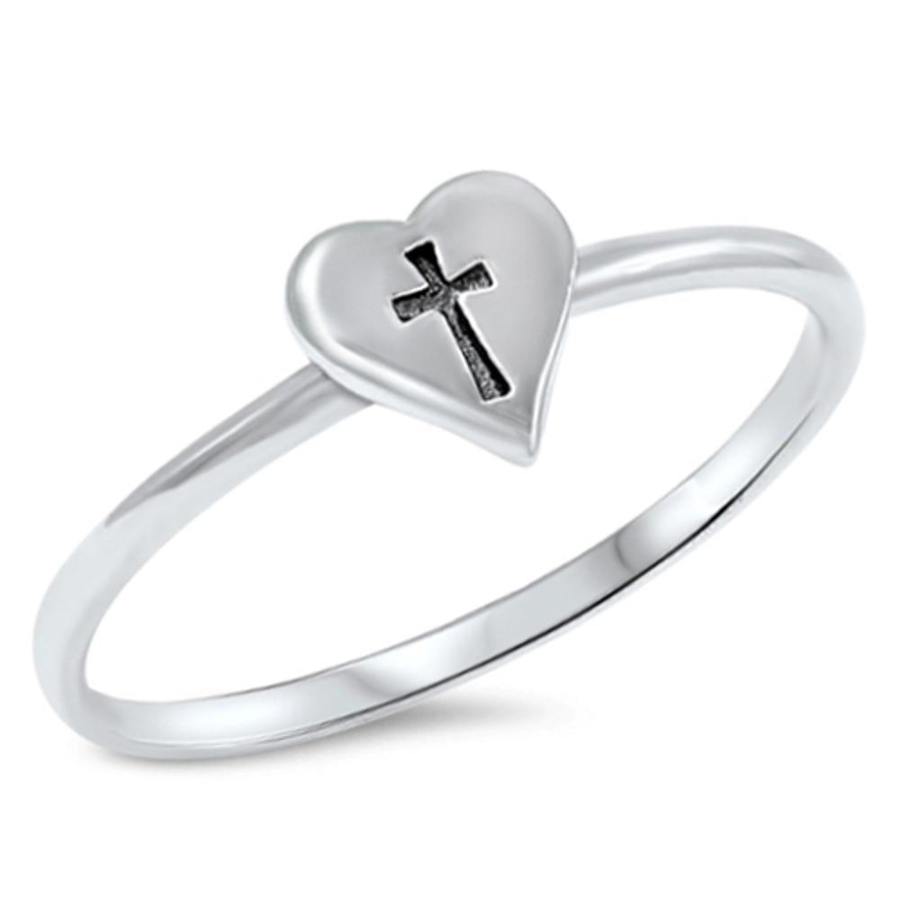 High Polish Heart Flat Cross Cute Ring New .925 Sterling Silver Band Sizes 4-10