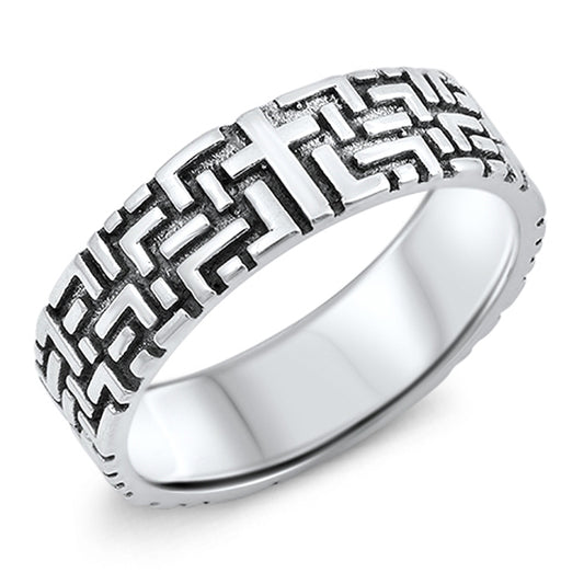 Geometric Etched Oxidized Cross Wedding Ring 925 Sterling Silver Band Sizes 6-12