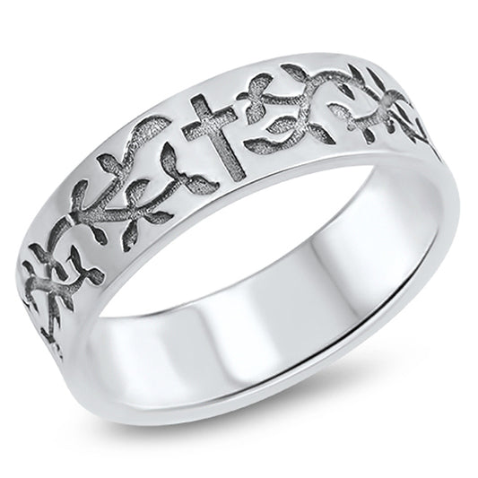 Etched Cross Vineyard Leaf Love Knot Ring .925 Sterling Silver Band Sizes 5-10