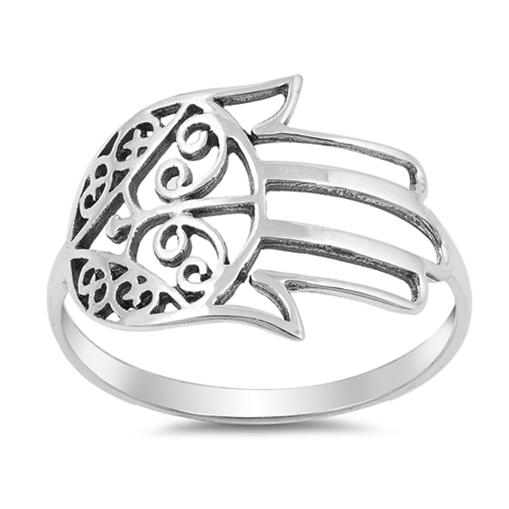 Oxidized Sideways Filigree Swirl Hand of God Sterling Silver Ring Sizes 5-10