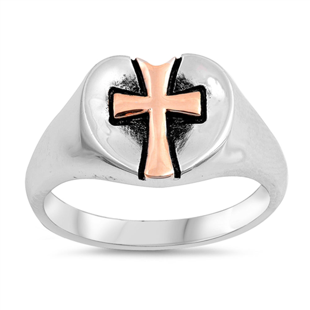 Rose Gold-Tone Cross Christ Center Heart Ring Sterling Silver Band Sizes 4-10