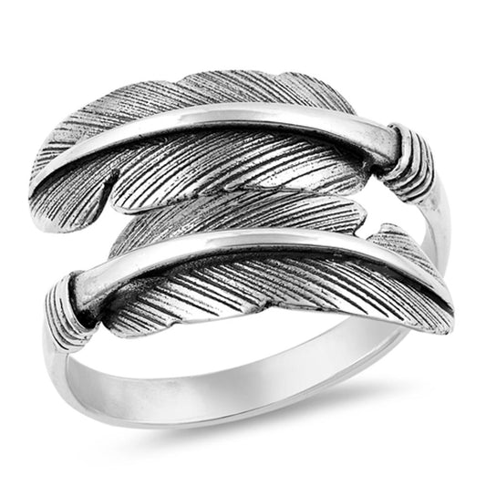 Feather Leaf Oxidized Double Shank Twist Wave Sterling Silver Ring Sizes 5-10