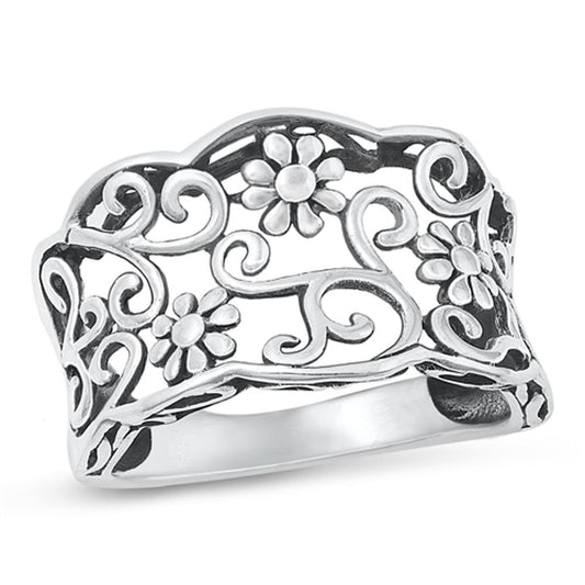 Oxidized Vintage Flower Filigree Garden Ring 925 Sterling Silver Band Sizes 5-10