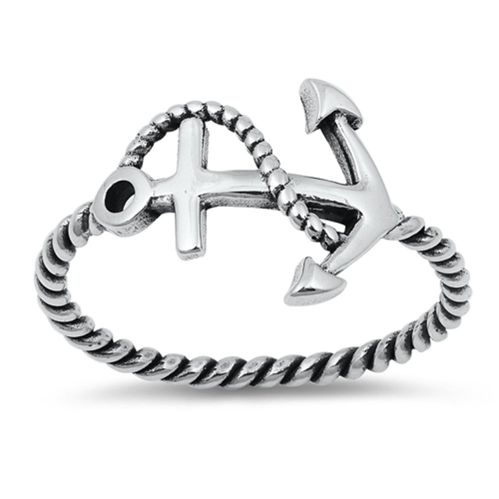 Twisted Rope Anchor Cross Oxidized Ring New .925 Sterling Silver Band Sizes 4-10