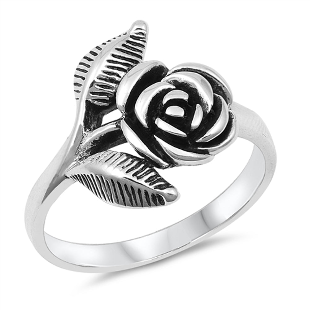 Rose Flower Leaf Love Oxidized Ring New .925 Sterling Silver Band Sizes 5-10