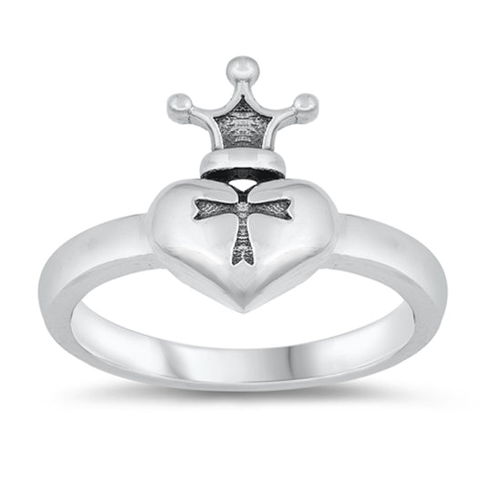 Elegant High Polish Cross Crown Promise Heart Ring New .925 Sterling Silver Band Sizes 4-10