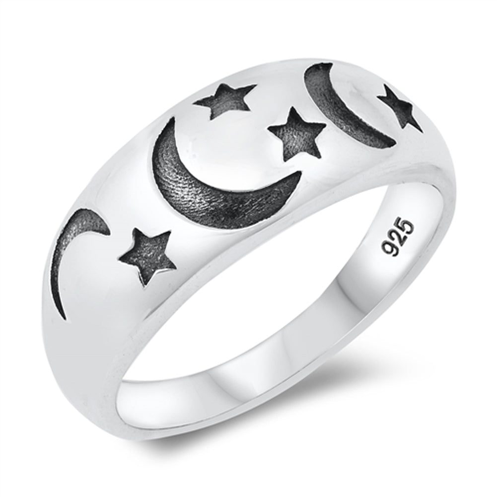 Unique Oxidized Moon Star Dream Space Ring New .925 Sterling Silver Band Sizes 5-10