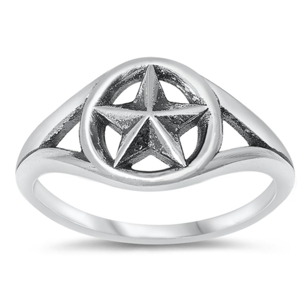 Classic Beveled Nautical Star Circle Sterling Silver Ring Sizes 5-10