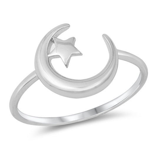 Moon Star Fashion High Polish Ring New .925 Sterling Silver Band Sizes 4-10