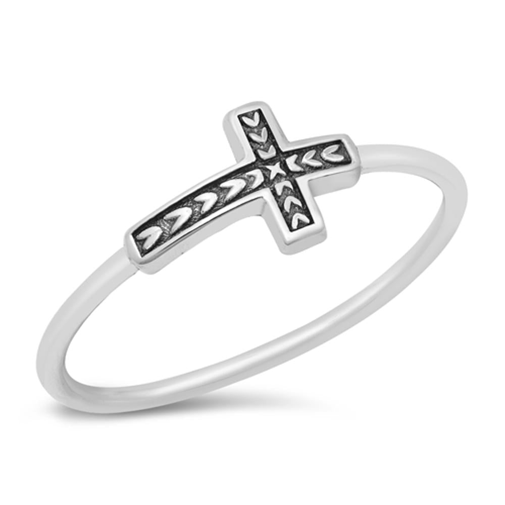 Sideways Cross Leaf Christian Ring New .925 Sterling Silver Band Sizes 4-10