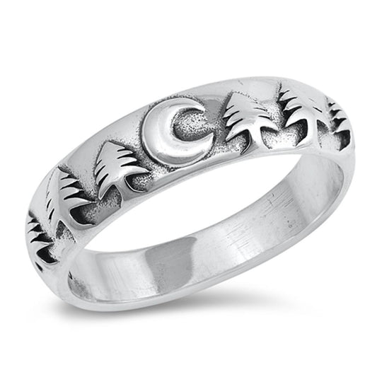 Moon Nature Pine Tree Camping Forest Ring .925 Sterling Silver Band Sizes 4-12