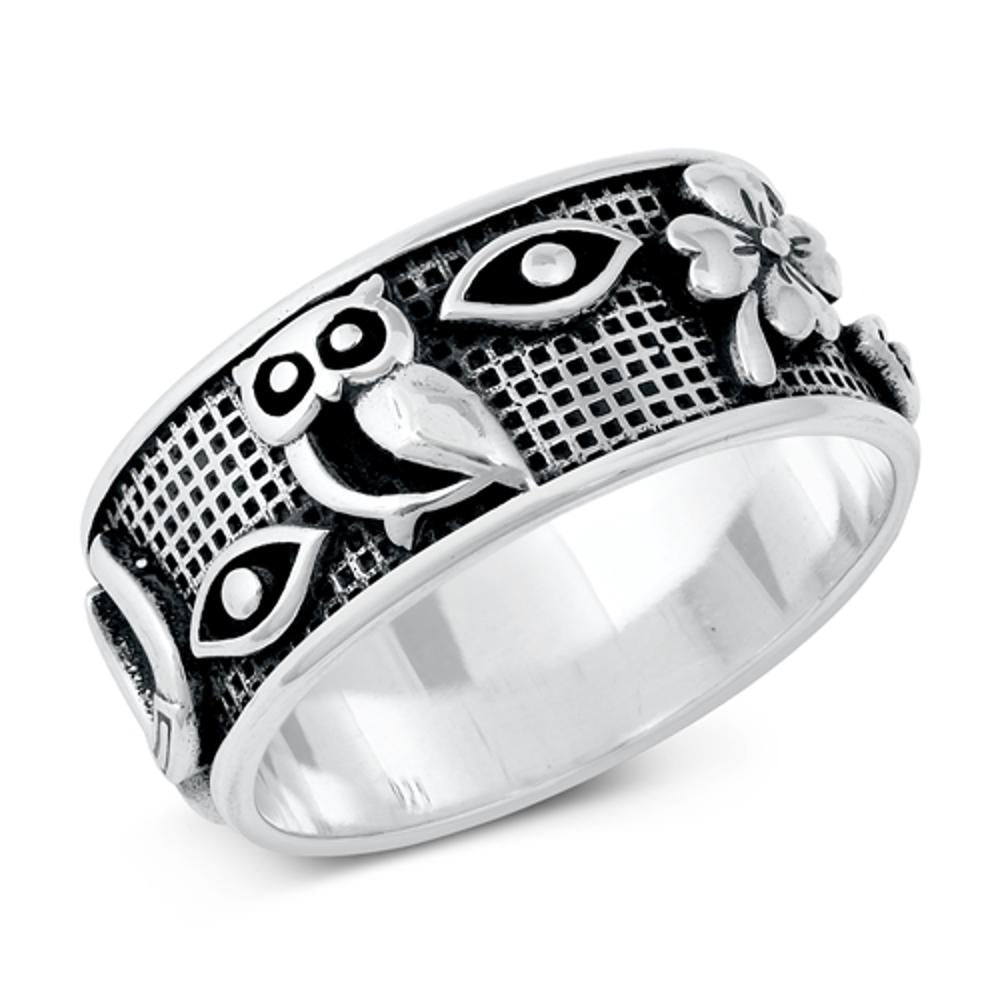 Ornate Owl Eye Lattice Ring Lucky Charms .925 Sterling Silver Band Sizes 5-12