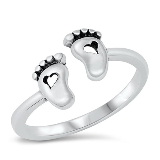 Open Adjustable Heart Feet Classic Ring New .925 Sterling Silver Band Sizes 4-10