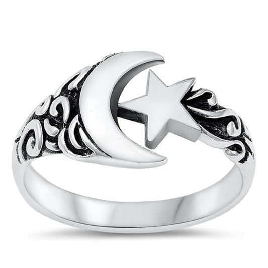 Crescent Moon Star Nigh Sky Polished Ring .925 Sterling Silver Band Sizes 5-10