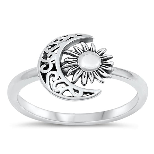 Sterling Silver Crescent Moon Sun Ring