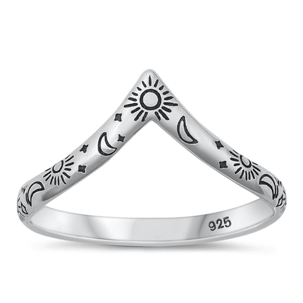 Sterling Silver Sun & Moon Chevron Ring