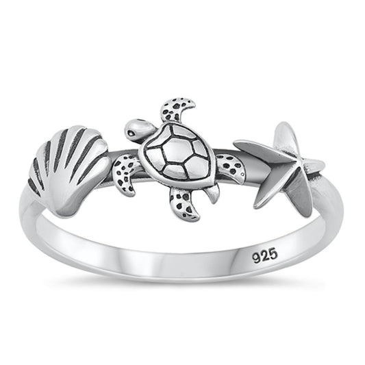 Sterling Silver Seashell Turtle Starfish Ring