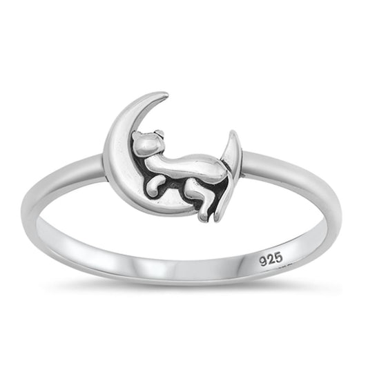 Sterling Silver Cat & Moon Ring