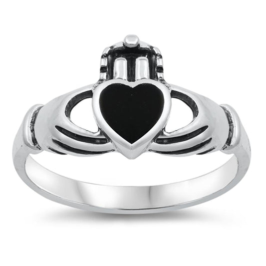 Black Onyx Simple Polished Heart Claddagh Ring Sterling Silver Band Sizes 5-9