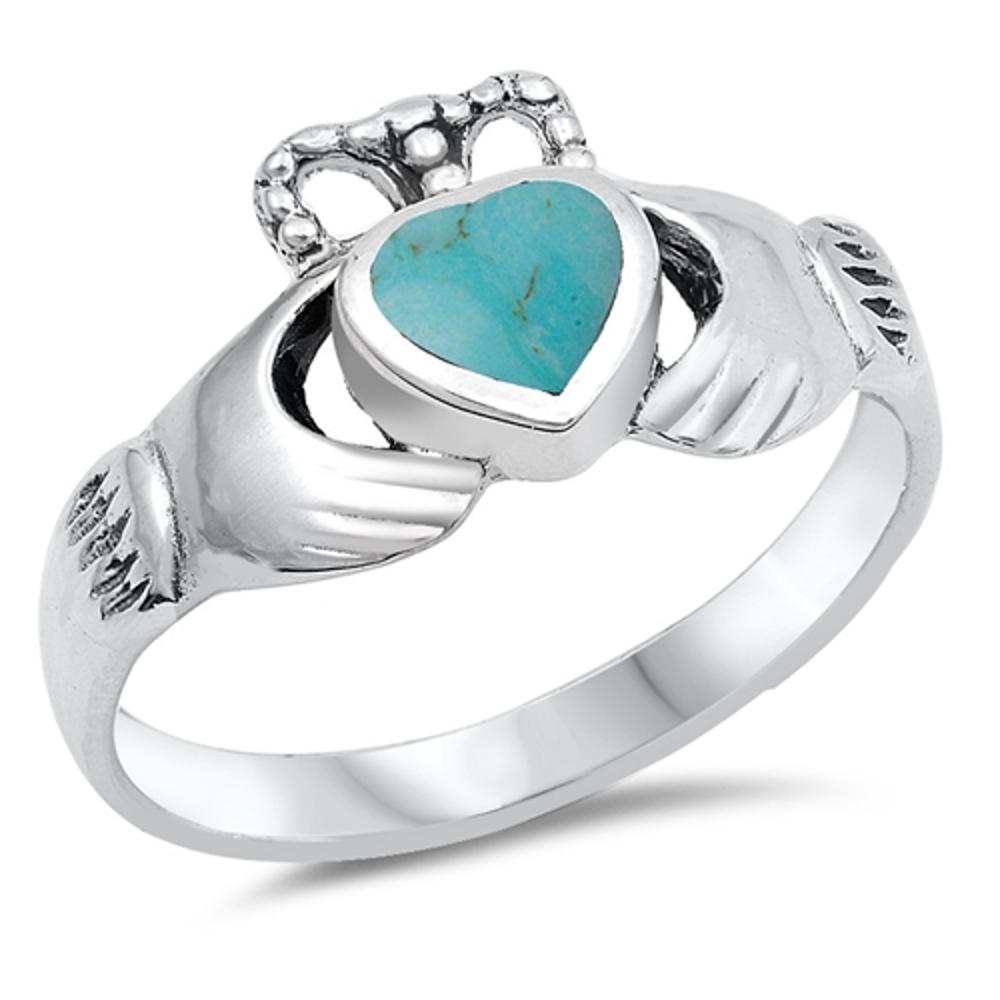 Turquoise Polished Claddagh Heart Ring New .925 Sterling Silver Band Sizes 4-9