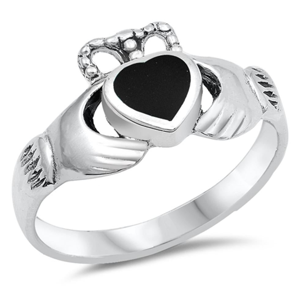 Black Onyx Polished Claddagh Heart Ring New .925 Sterling Silver Band Sizes 4-12