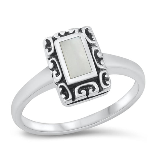 Mother of Pearl Rectangle Antiqued Filigree Ring Sterling Silver Band Sizes 5-10