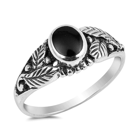 Black Onyx Oxidized Leaf Oval Solitaire Ring 925 Sterling Silver Band Sizes 5-10